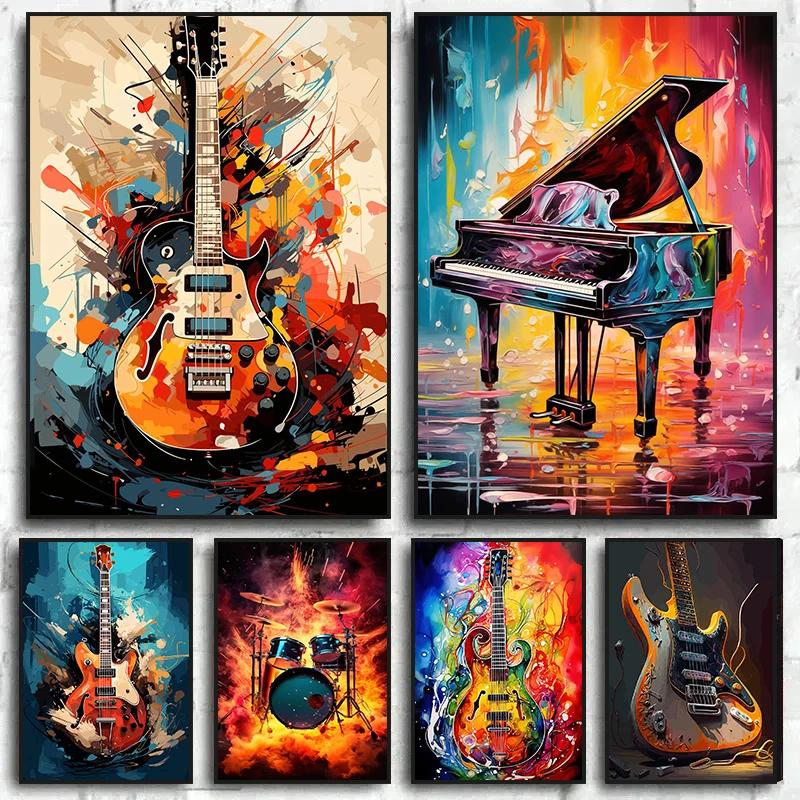 Musical Instrument Painting - Abstracte kleurrijke kunst muziekinstrumenten drumkit gitaar