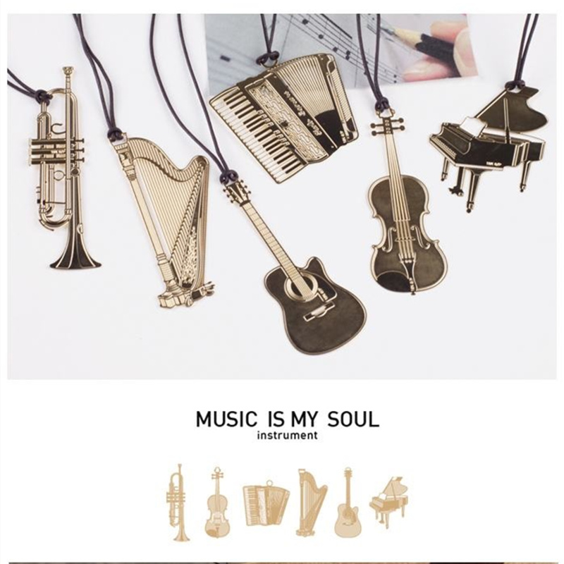 Musical Instrument Symbols - 6Pcs Muziek Metalen Bladwijzer Gouden Kleur