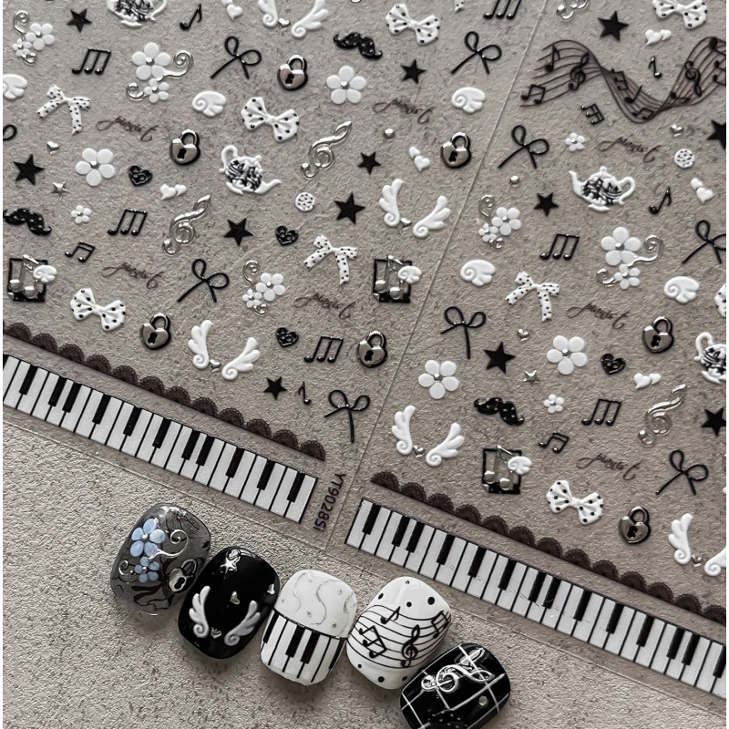 Musical Instrument Painting - Zwart Wit Piano Note Nagelstickers Retro